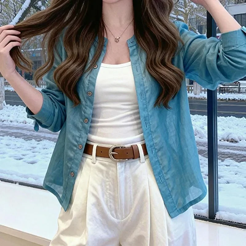 

Women's Lightweight Blue Button-Down Shirt Korean Breathable Sun Protection Blouse for Spring Summer