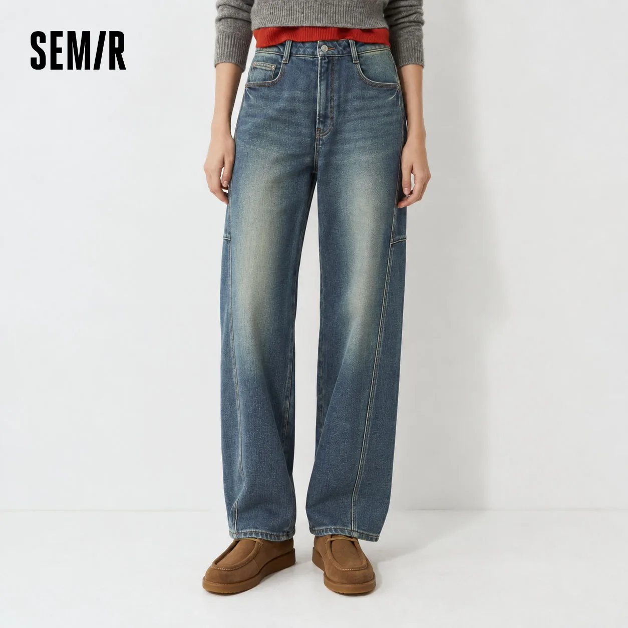 Semir Women Denim Jeans Brushed Fleece Panel Design Loose Fit Curved Leg Street Style 2026 New Winter Daily Wear