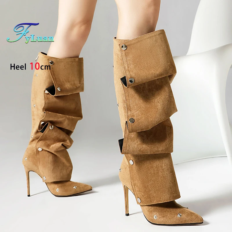 Sepatu Bot Runcing Musim Gugur Musim Dingin Stiletto 10CM Sepatu Wanita Modis Sepatu Bot Setinggi Lutut Merah Hak Tinggi Tipis Model Eropa dan Amerika