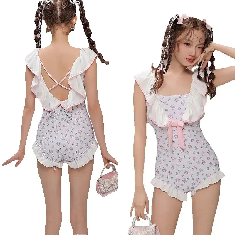 

Sweet Girls Lolita One-piece Backless Swimsuit Women French Elegant Retro Floral Sweet Bow Ruffle Edge Sleeveless Swimwear