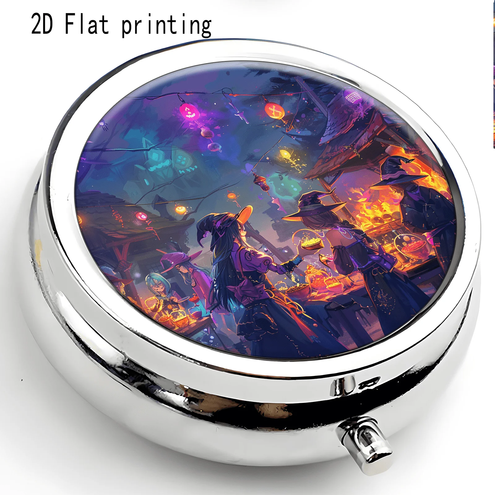 1Pc Round Pill Box with Halloween Street Scene, Witch Lights, Night Sky Circular Pattern, Halloween Fantasy Fluid Style, Flat Printing, Round Portable Pill Box, Three-Compartment Portable Dispenser, Earring Storage, Jewelry Storage, Moisture-Proof Storage, Suitable for Gifts to Friends, Elders, Birthday Gifts, Made of Durable Metal and Plastic