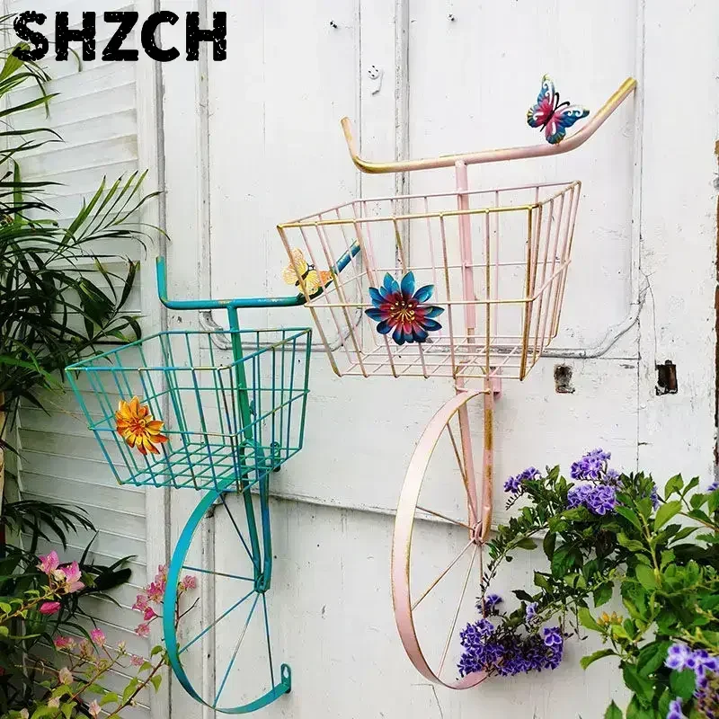 Wrought Iron Bicycle Flower Basket Wall Decoration Courtyard Garden Wall Hanging Flower Rack Outdoor Wall Pendant Items
