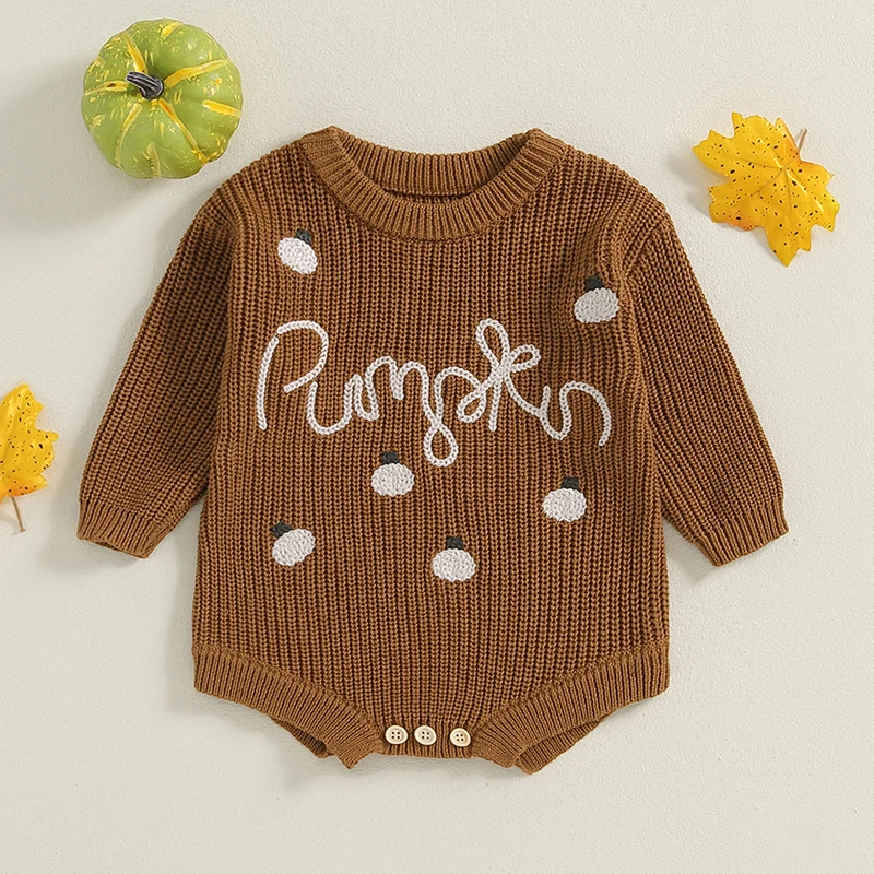 0-18M Baby Girls Boys Sweater Rompers Halloween Clothes Pumpkin Letter Embroidery Long Sleeve Toddler Fall Button Bodysuits