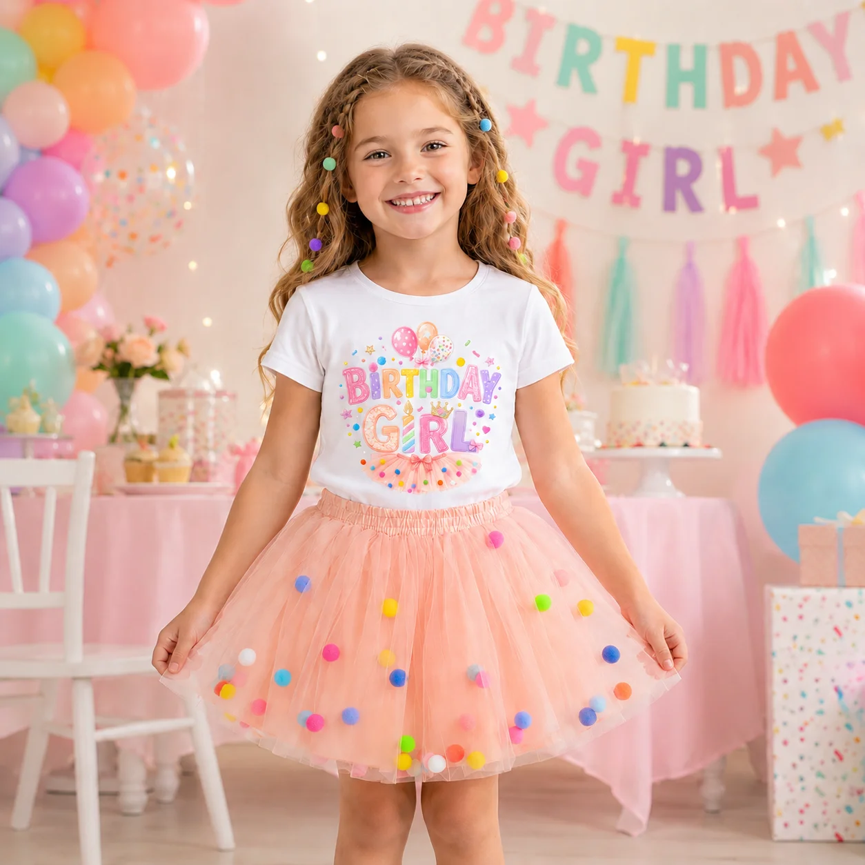 Toddler Girls Birthday Girl Outfit Set Colorful Pom Pom Peach Tulle Tutu Skirt Short Sleeve Print T-shirt Kids Birthday Party Ca