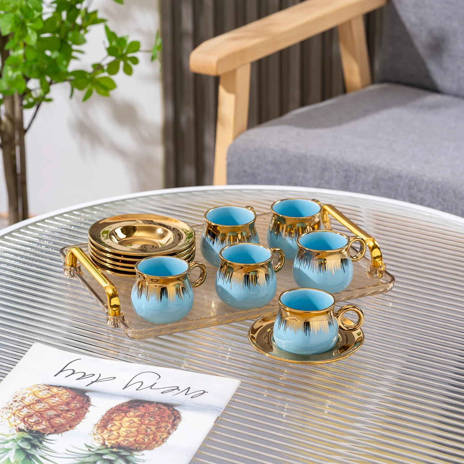 

# Popular Turkish 6-piece 90ml Luxury Red-plated Porcelain Cup Tea Coffee Cup Ceramic With Saucer Set #