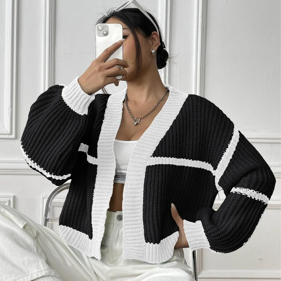 Clothing sweater contrasting color knitted cardigan clothing European, American autumn and winter sweater custom loose coat