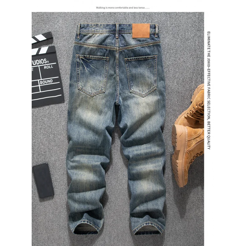 

Spring and summer trendy loose straight tube retro jeans for men with ripped holes, patch splicing, and patchwork denim pants