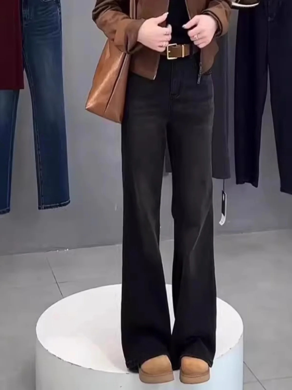 

Расклешенные джинсы с высокой талией, женские осенние прямые широкие брюки с эффектом похудения, удобные джинсовые джинсы с высокой талией