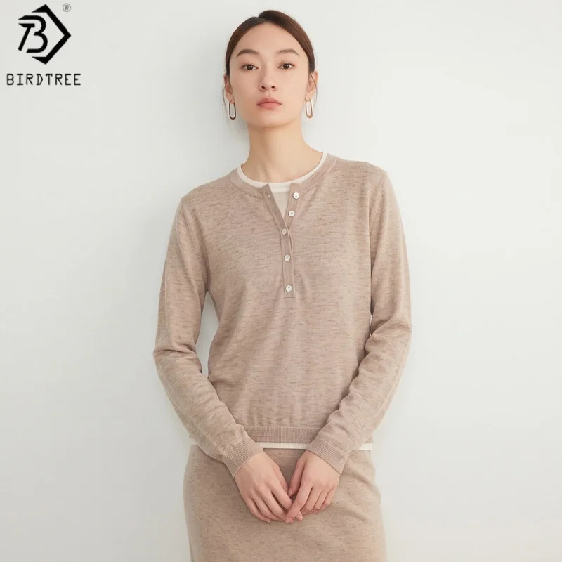 Birdtree, Wool Blended Blouse, Fake Two‑piece, O-neck Long Sleeve Tops, Women's Knitted Loose Sweater, 2026 Pullover T69828JF