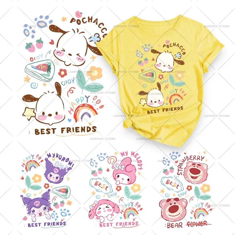 Sanrio Cute Pochacco Printed Stickers for Clothes Iron on Heat Transfers Cartoon Cinnamoroll Thermal on Girls T-shirt Applique