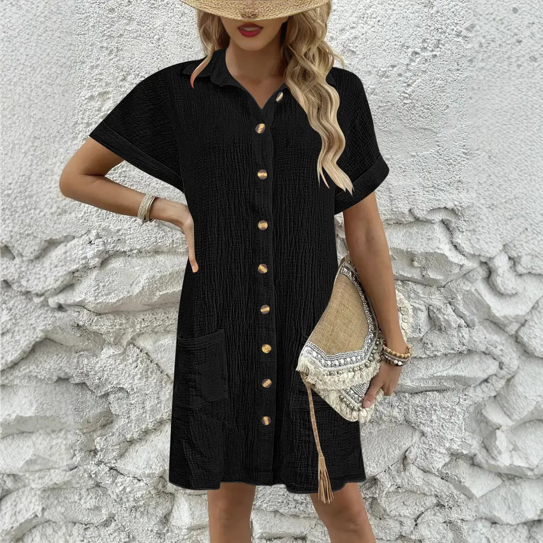 عبر الحدود الأمازون ربيع جديد بسيط بلون عادية موضة التلبيب زر قميص فستان الملابس النسائية cw94627