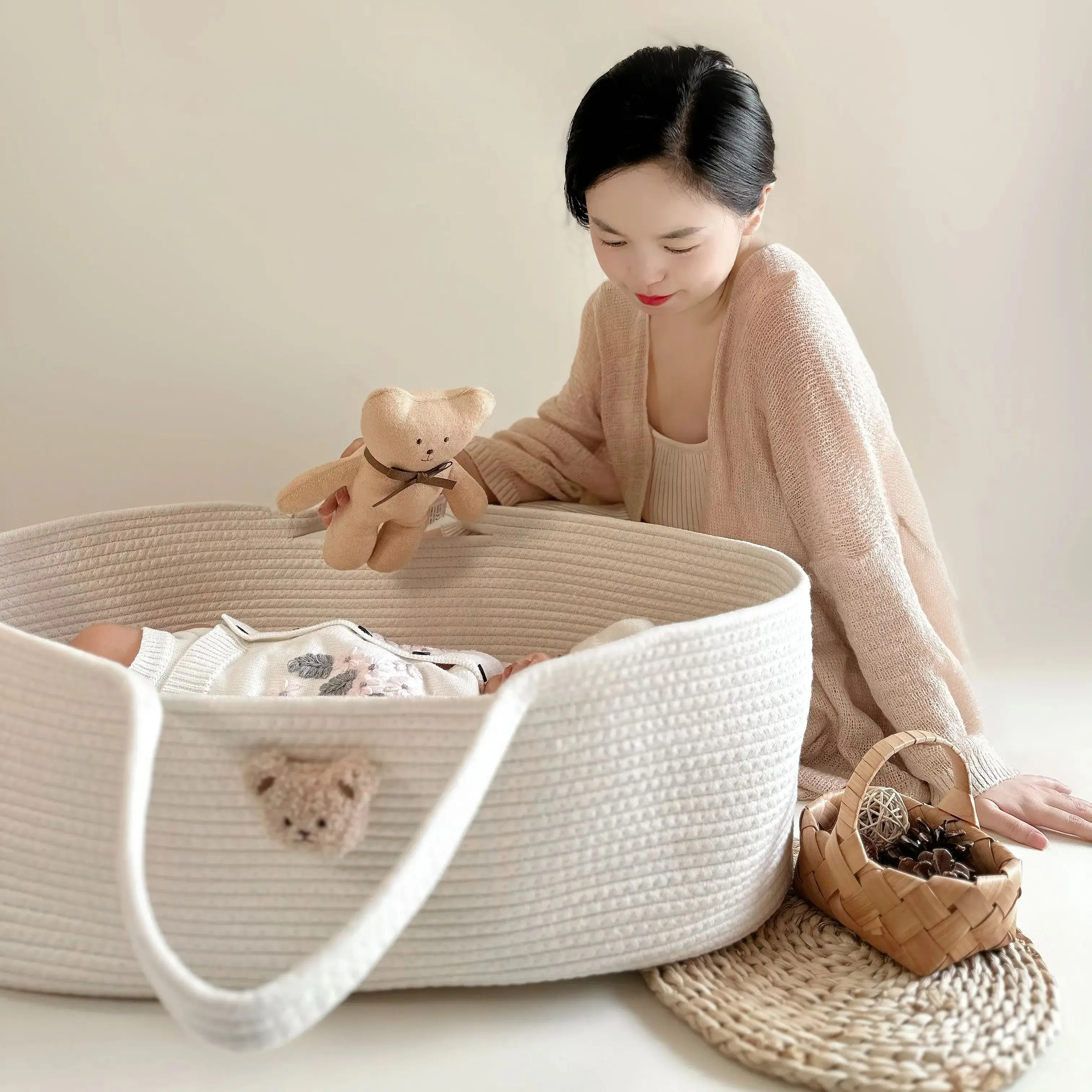 Good Looking Baby Sleeping Cradle, Cotton Rope Woven Crib, Baby Diaper Storage Basket, Children\'s Room Decoration