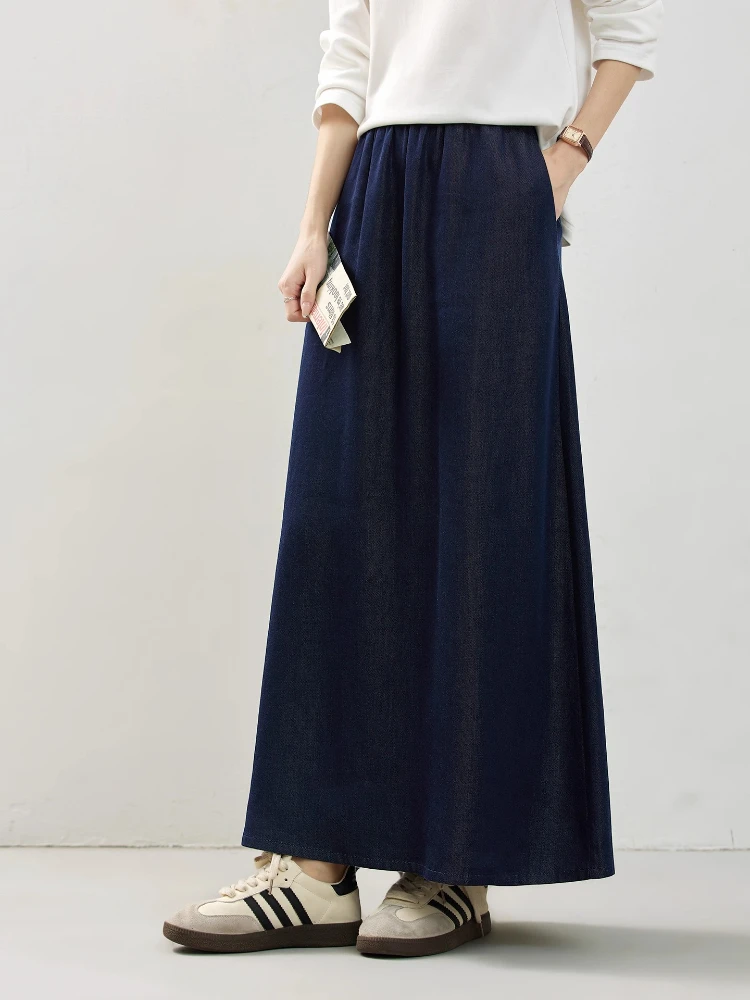 

VIMLY Long Jeans Skirt Woman 2025 Autumn New Vintage Lyocell Washed Denim Female Skirt Straight Office Lady Pockets Skirts A1572