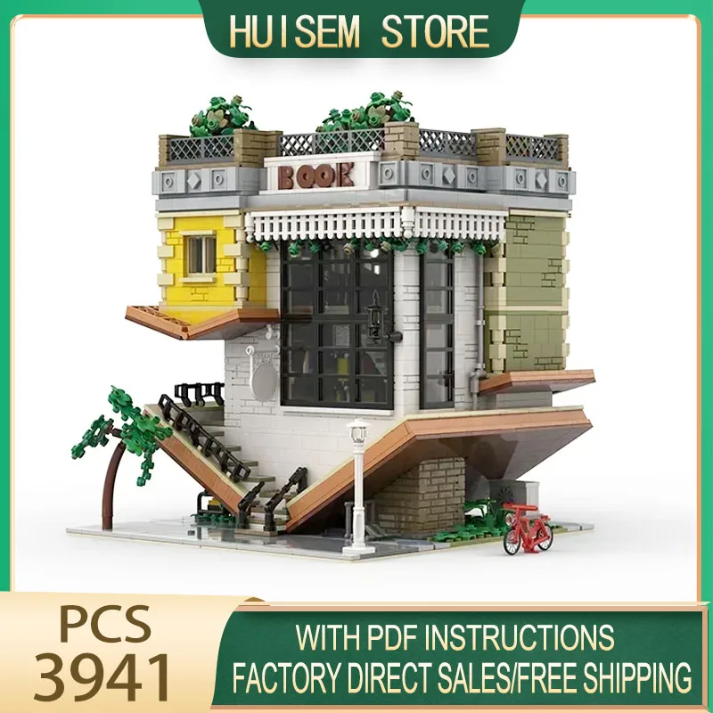 Moc Building Block Inverted Bookstore Model Technical Bricks DIY Assembly Modular Construction Street View Toy Construction Gift