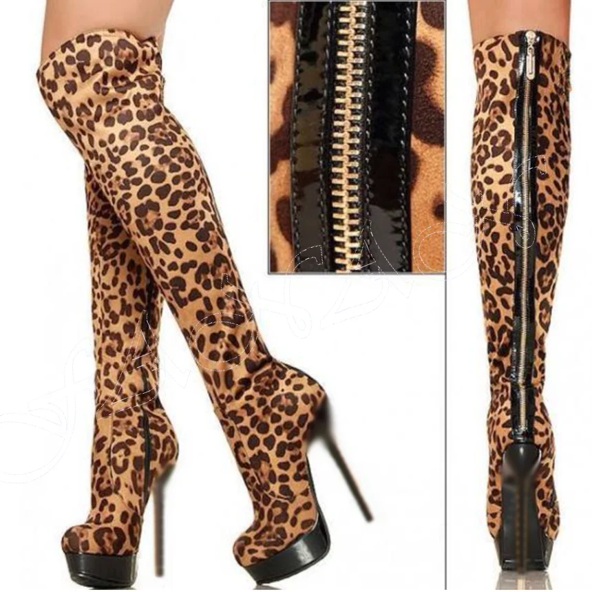 

Brown Back Zipper Leopard Boots Platform Round Toe Thin High Heel Shoes for Women High Heels Black 2023 New Zapatos Para Mujere