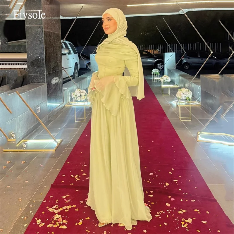 

Fivsole Modest High Neck A Line Prom Gowns Bell Sleeves Ruffled Party Gown Eid Floor Length Evening Dress 2026 Customized