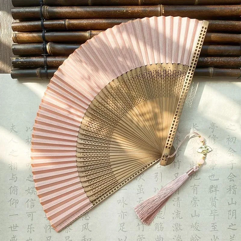 Antique Solid Color Folding Fan Hollowed Bamboo Portable Hanfu Photo-taking Props Dance Party Dressing Gown Fan Dance Party