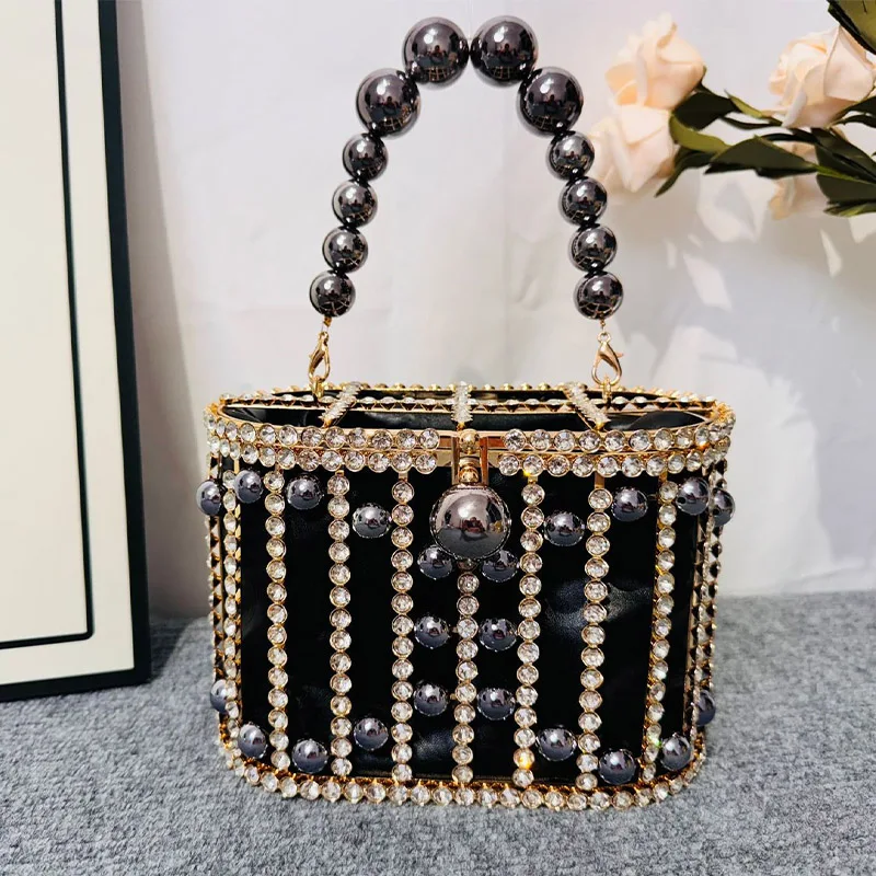 Hollow Pearl Beads Fashion Premium Crystal Rhinestone Evening Bag Women\'s Handbag Luxury Wedding Party Clutch Bag Crossbody Bag