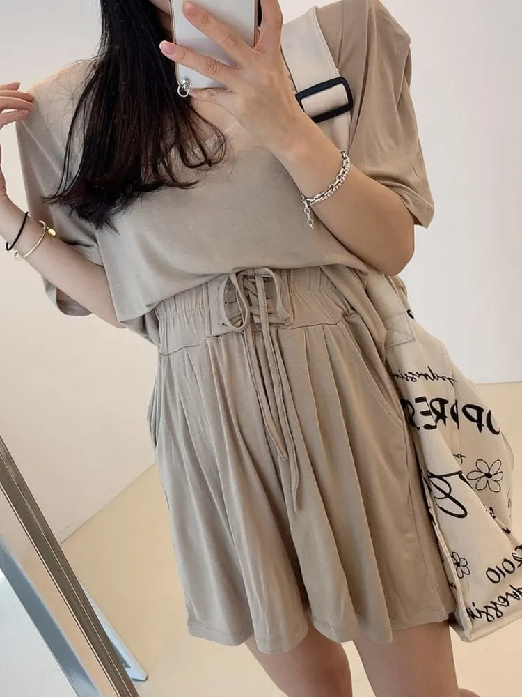 

Women's Loose Fit T-irt Top with oulder Pads Elastic Waist ort Sve round Ne Pullover Set Includes ort Pants