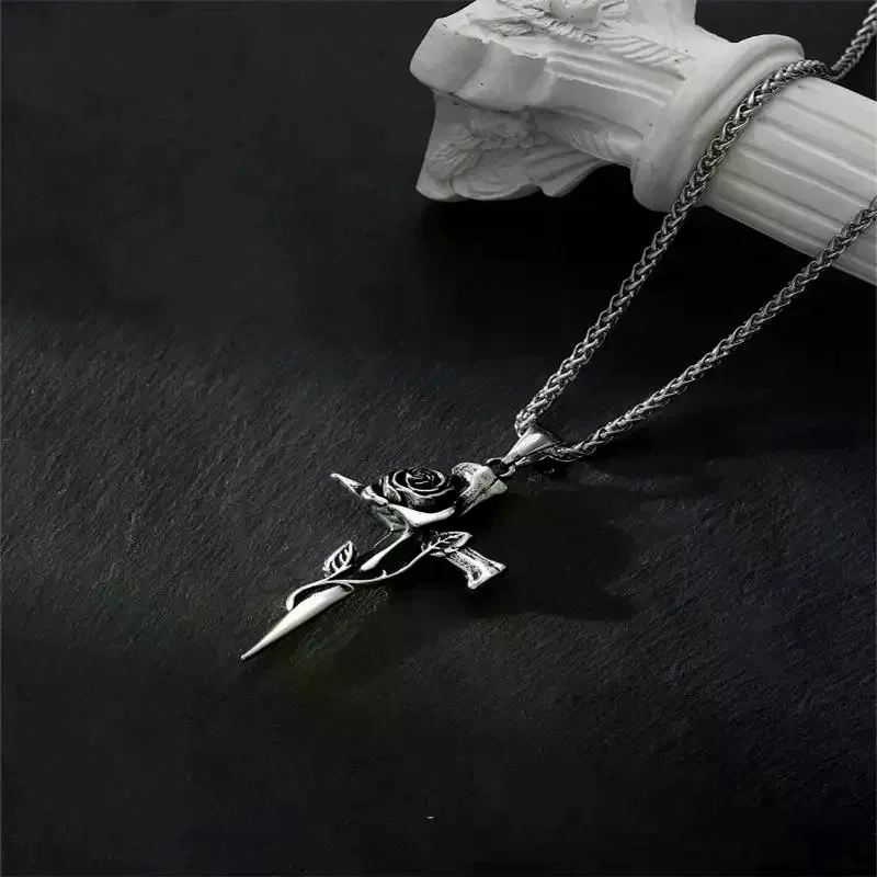 Trendy Vintage Rose Cross Pendant Necklace for Men Women Punk Style Adjustable Chain Accessory for Festivals