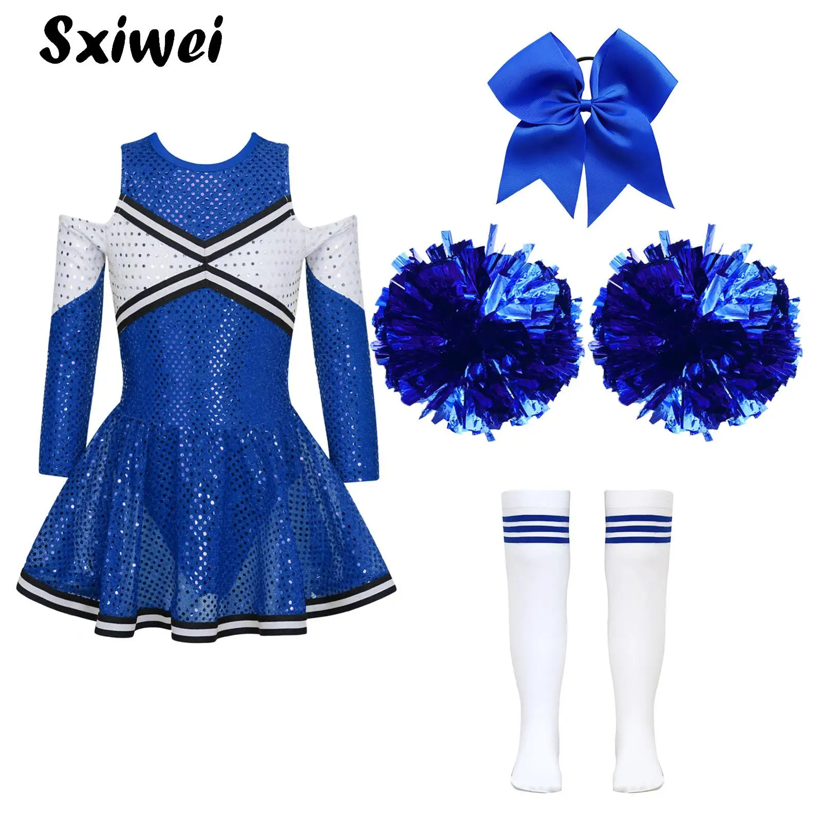 

Teen Girls Cheerleader Costume Outfits Off-Shoulder Sequin Dress with Headwear Hand Flowers Socks Cheerleading Uniform Dancewear