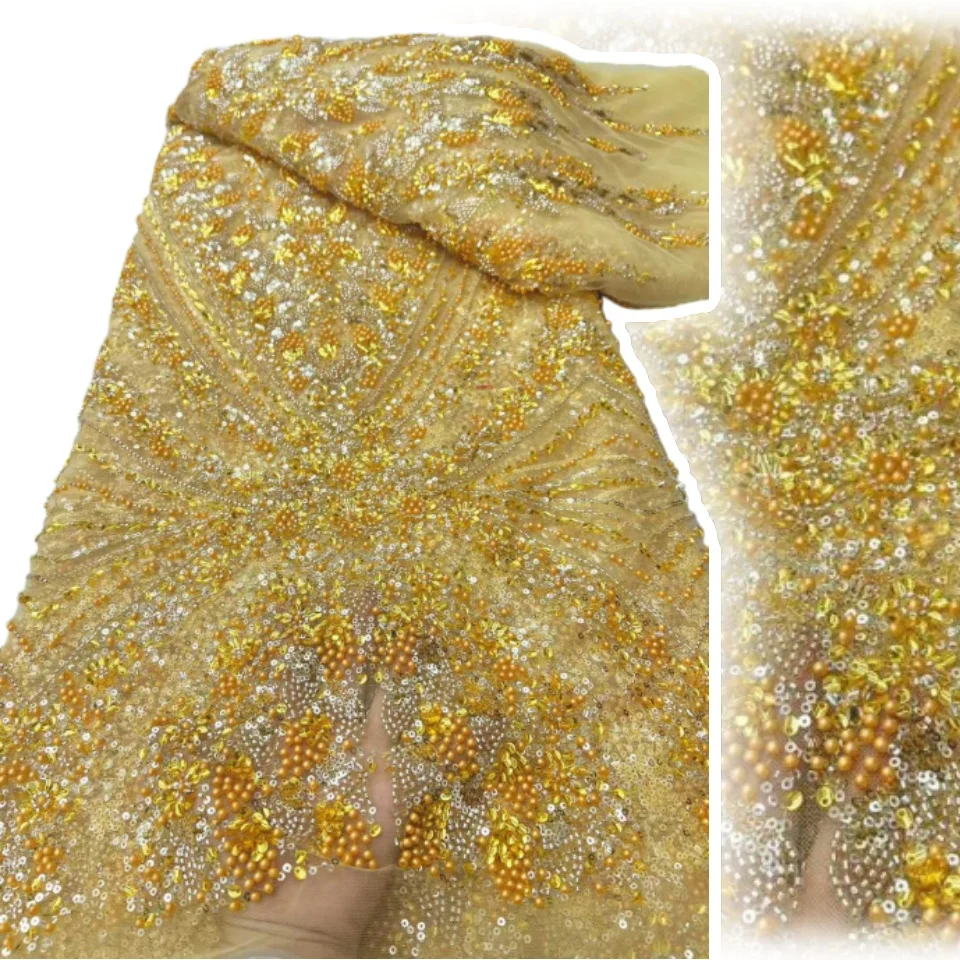 Hot Party Season African Lace Fabric 2025 High Quality 5yard Nigerian Beaded Embroidery Lace Fabric Ladies Dress Sewing TP1698