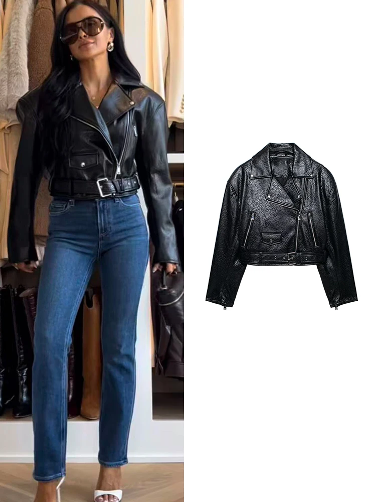 

TFMLN Spring Women Short Black Faux Leather Moto Jacket With Belt Lapel Irregular Zipper Fashion Shoulder Pad Female Clothes