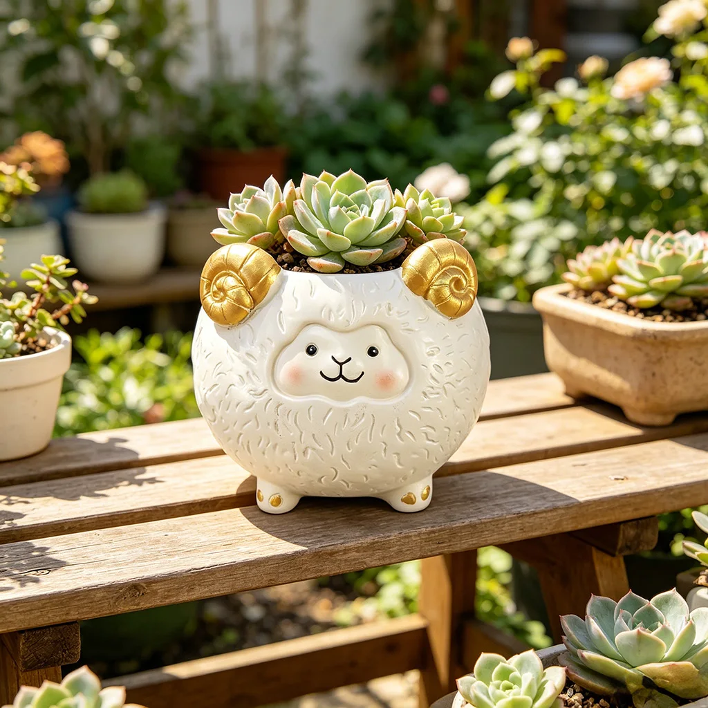 Cute Sheep Resin Succulent Planter Pot Mini Animal Flower Pot for Home Office Desktop Decor Gift
