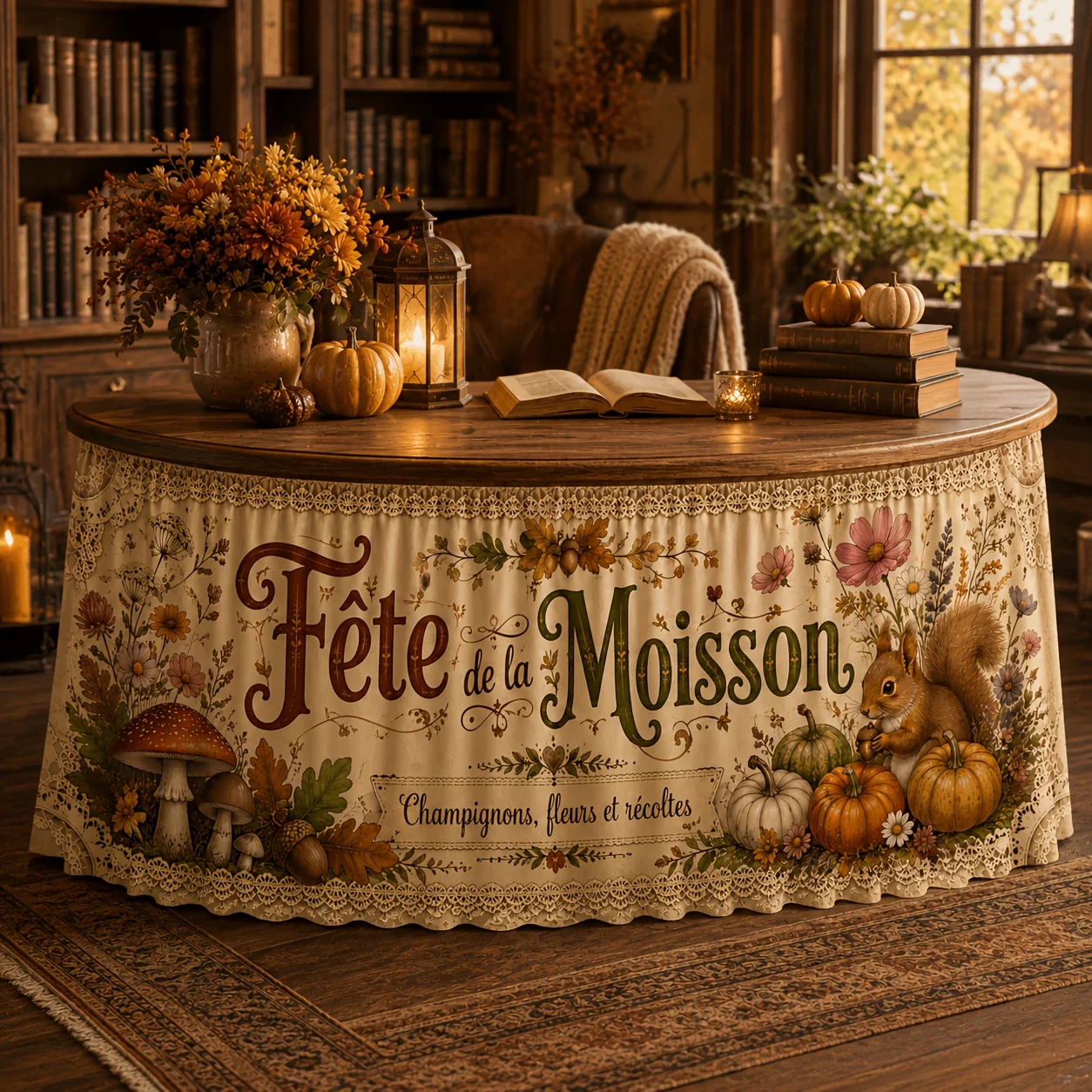 1 free table skirt, retro lace squirrel mushroom wildflower pumpkin autumn harvest round table skirt