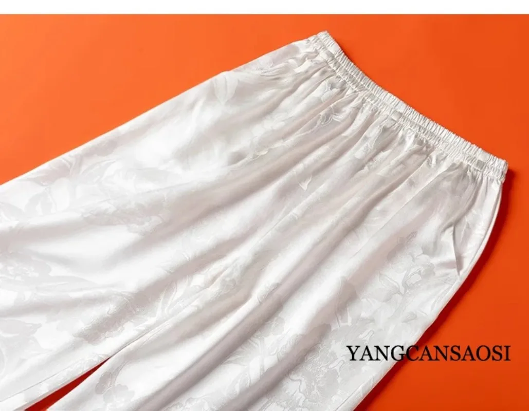 45MM Heavyweight 100% Natural Mulberry Silk Jacquard Satin White Versatile Pocket Design Elastic Waist Casual Wide Leg Pants