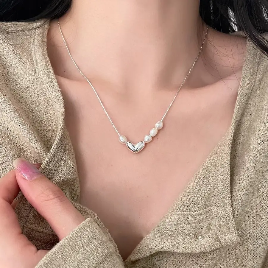 Silver color Necklace Pearls Heart Bean Love Irregular Geometric for Women Girl Aesthetic Jewelry Gift Dropshipping Wholesale