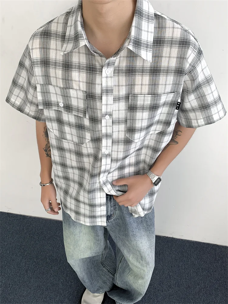 

Japanese Sle Loose Fit Plaid ort Sve irt for Men Youthful Summer Casual irt Versatile Loose irt Basic Sle
