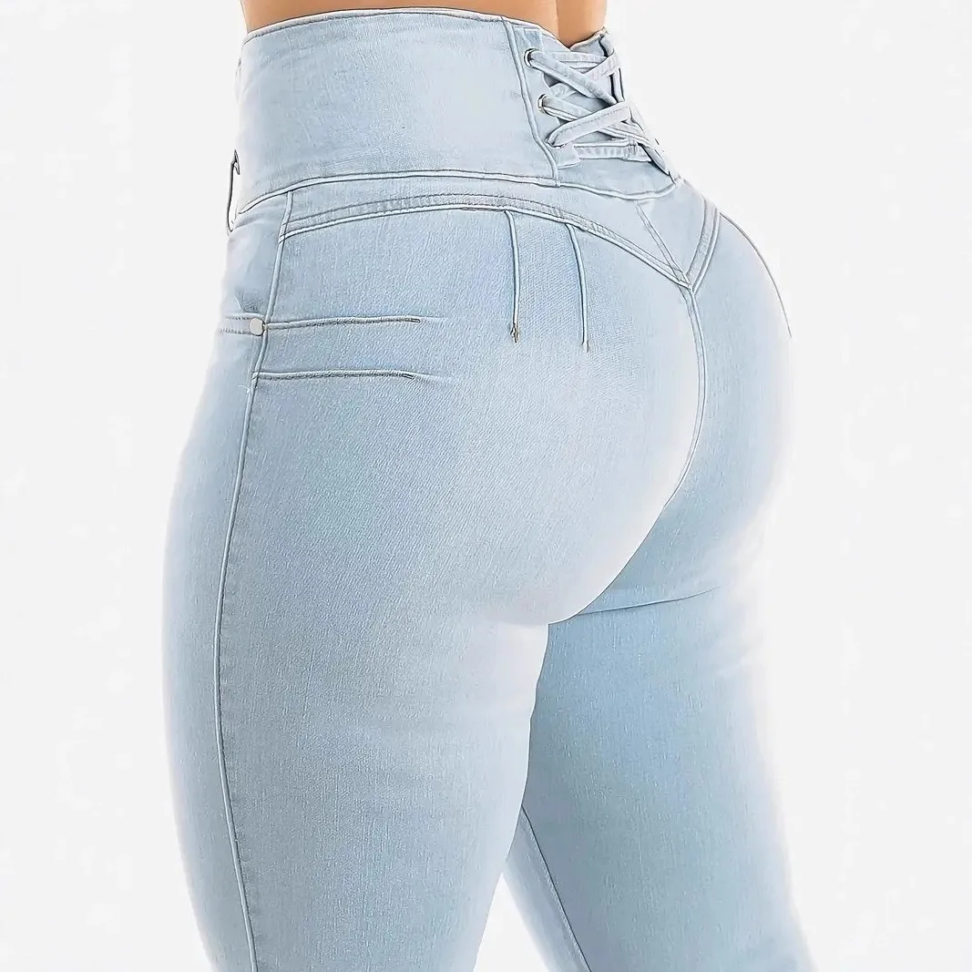 

High Waist High Elastic Fashionable Trendy Blue Jeans Bootcut Pants Butt Lifting Pure Color Washed out plus Size Small Calf