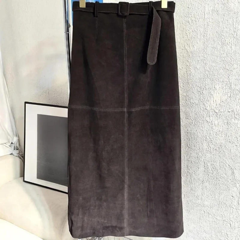 Retro Ladies Solid Color Genuine Leather Suede Long Skirts 88cm High Waist Belt Sheepskin Handmade Knee Length Skirt Vintage