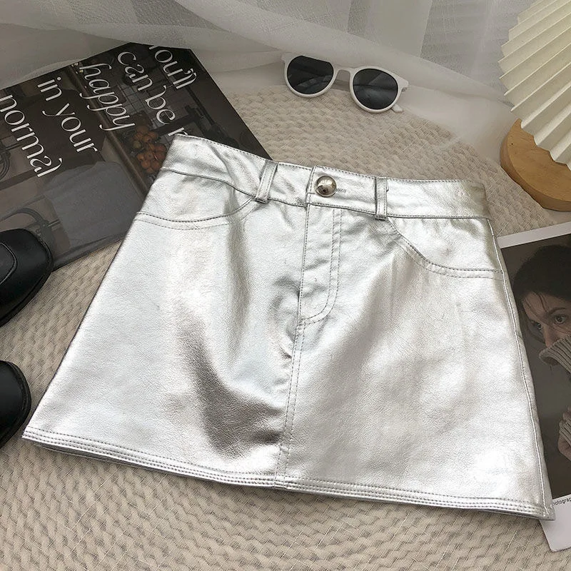 Baby Girls pu Leather Short Skirt One Button Elastic Belt Waist Anti Walk Shiny Shiny Childrens Teen Leather Skirts shorts 3-15Y