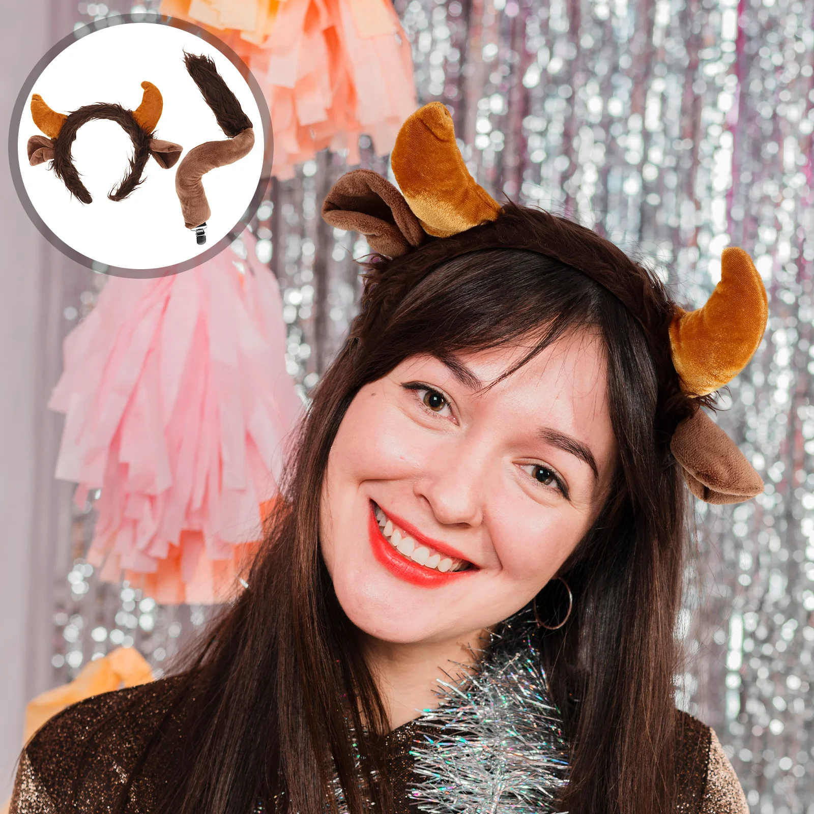 1세트 소 귀 머리띠 황소 뿔 꼬리 세트 부드럽고 가벼운 소재 할로윈 크리스마스 테마 파티 의상 액세서리