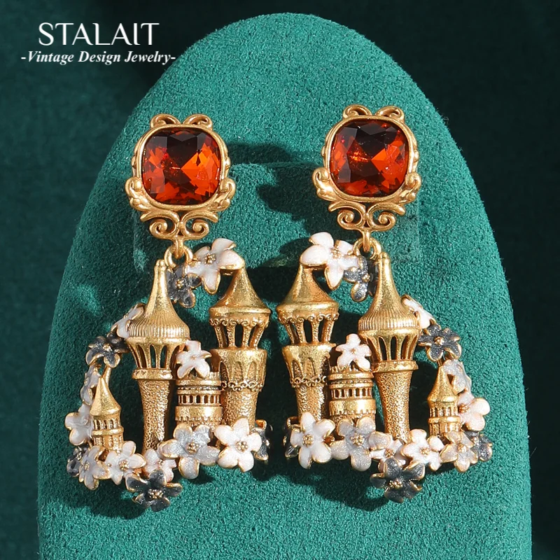 

Vintage Red Crystal Castle Earrings Drop Antique Gold Color Luxury Quality Jewelry White Flower For Woman Long Charm Jewelry