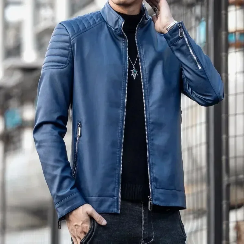 NEUE Frühlings-Motorradjacke aus PU-Leder für Herren, Lederjacke mit Stehkragen, lässiger Windbreaker, trendige Herrenbekleidung – Detail 5