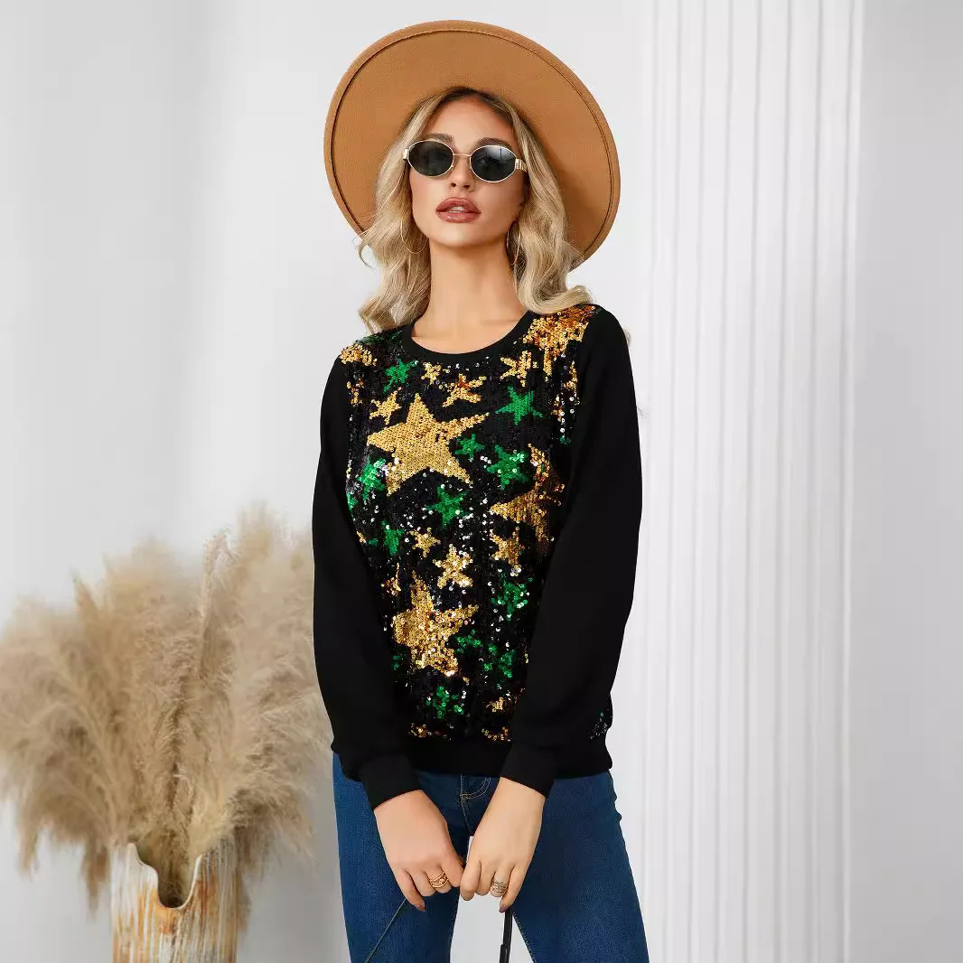 Damesjack met lange mouwen en sterpatroon Pailletten Europese en Amerikaanse stijl voor kerstfeest Elegant sweatshirt