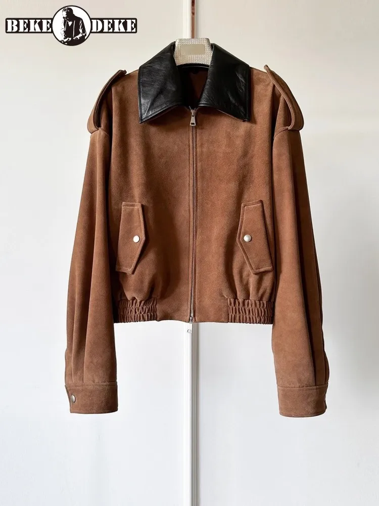 Nuove donne vintage autunno giacca in vera pelle colletto couverture vestibilità ampia casual cappotto corto in pelle di pecora scamosciata di alta qualità femminile