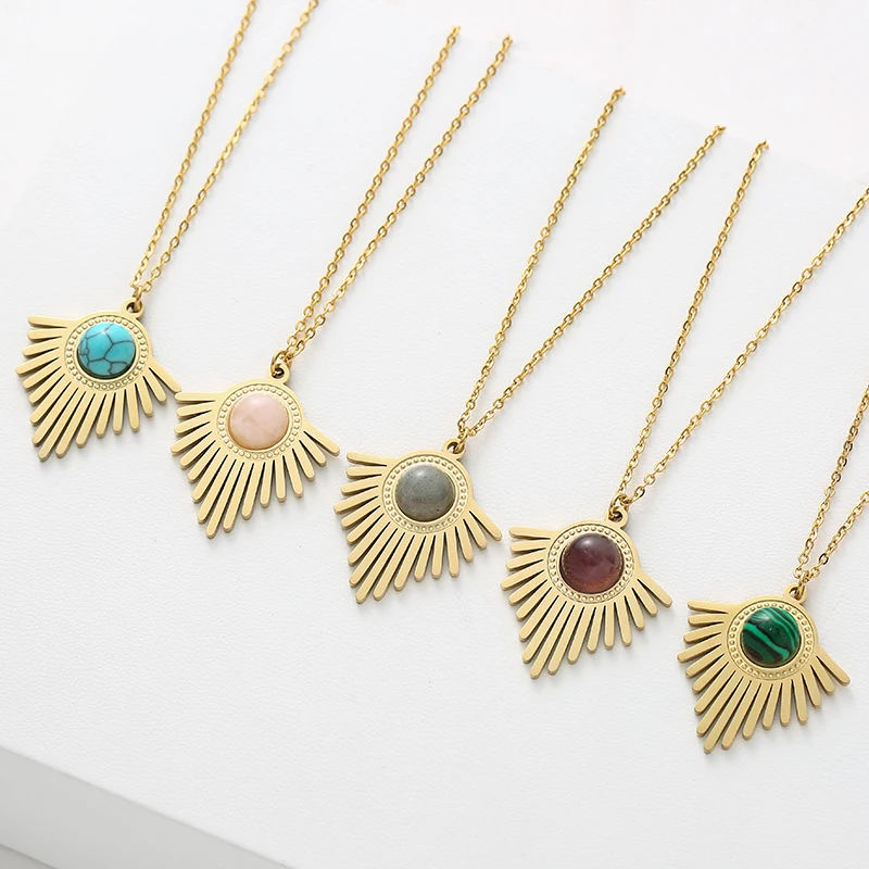 Bohemia Geometric Triangle Natural Stone Pendant Necklace for women Fashion Stainless Steel Oval Charms Jewelry Making Wholesale
