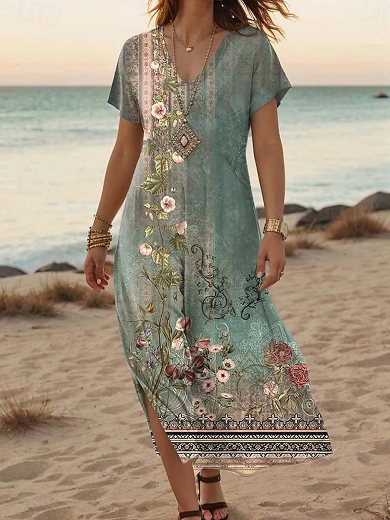 レディース マキシドレス カジュアル 半袖 Aライン Tシャツドレス スタイリッシュ Vネック レギュラーフィット プリント プルオーバードレス レディース ファッション用