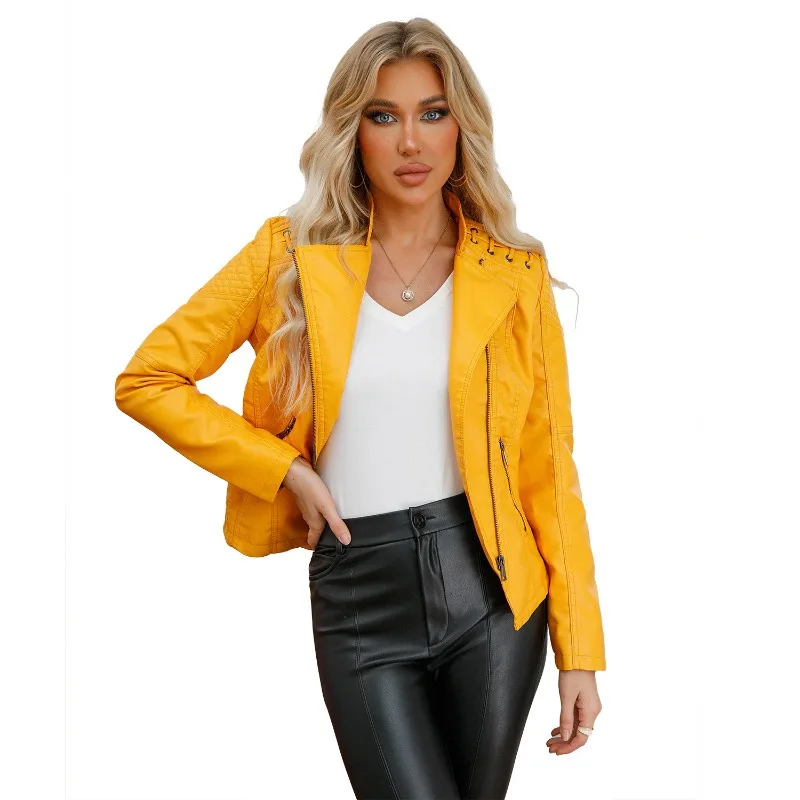 Yellow PU Slimming Jacket Spring Autumn New Woman Short Fashion Solid Color Shoulder Strap Designs Coat Zippers Leather Jacket