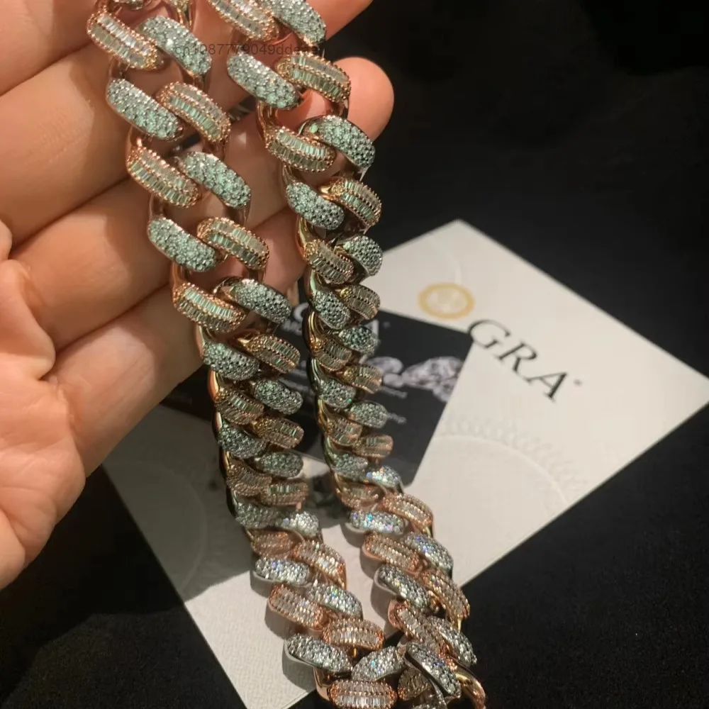 

24-Inch Cuban Link Chain Iced Hiphop Two Tone Silver VVS Baguette Moissanite Pendant Necklace Fashion Accessory for Anniversary