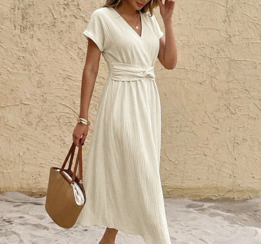 Women Dress 2026 New Spring Summer Texture Solid Color Flying Sleeve V-Neck Cinched Waist Casual Daily Long Dress