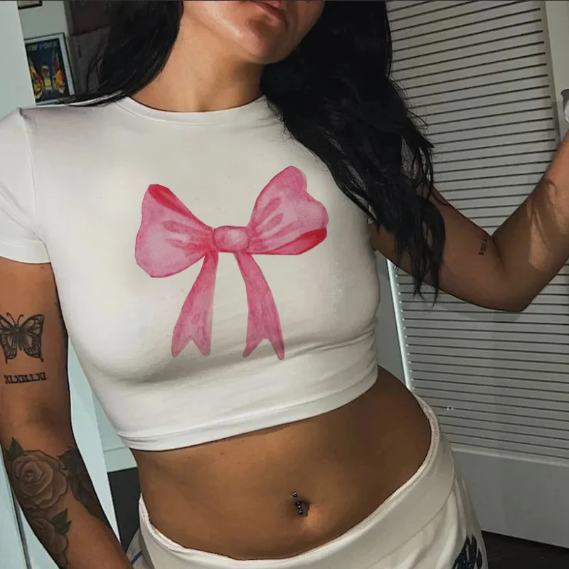 Summer Women Pink Bow Tie T-shirt Y2k Clothes Harajuku O-neck Short Sleeve White Goth Fashion Cute Crop Top