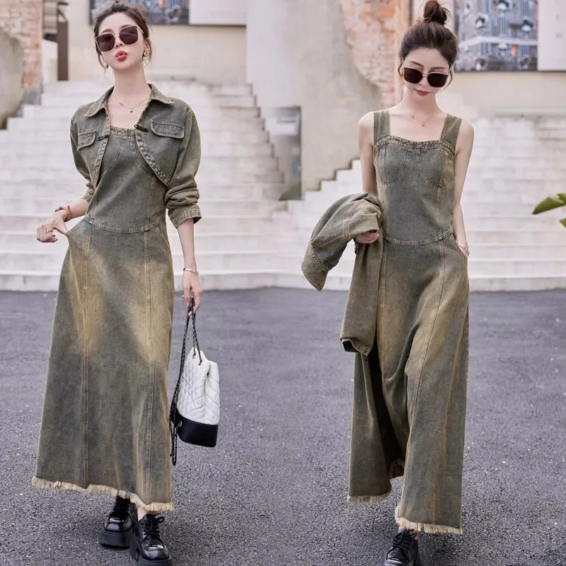 

Retro Lady Long Sleeves Denim Long Dresses 2PCS 2025 Female Camisole Jeans Two Piece Set Autumn Women Cowboy Maxi Dress Outfit