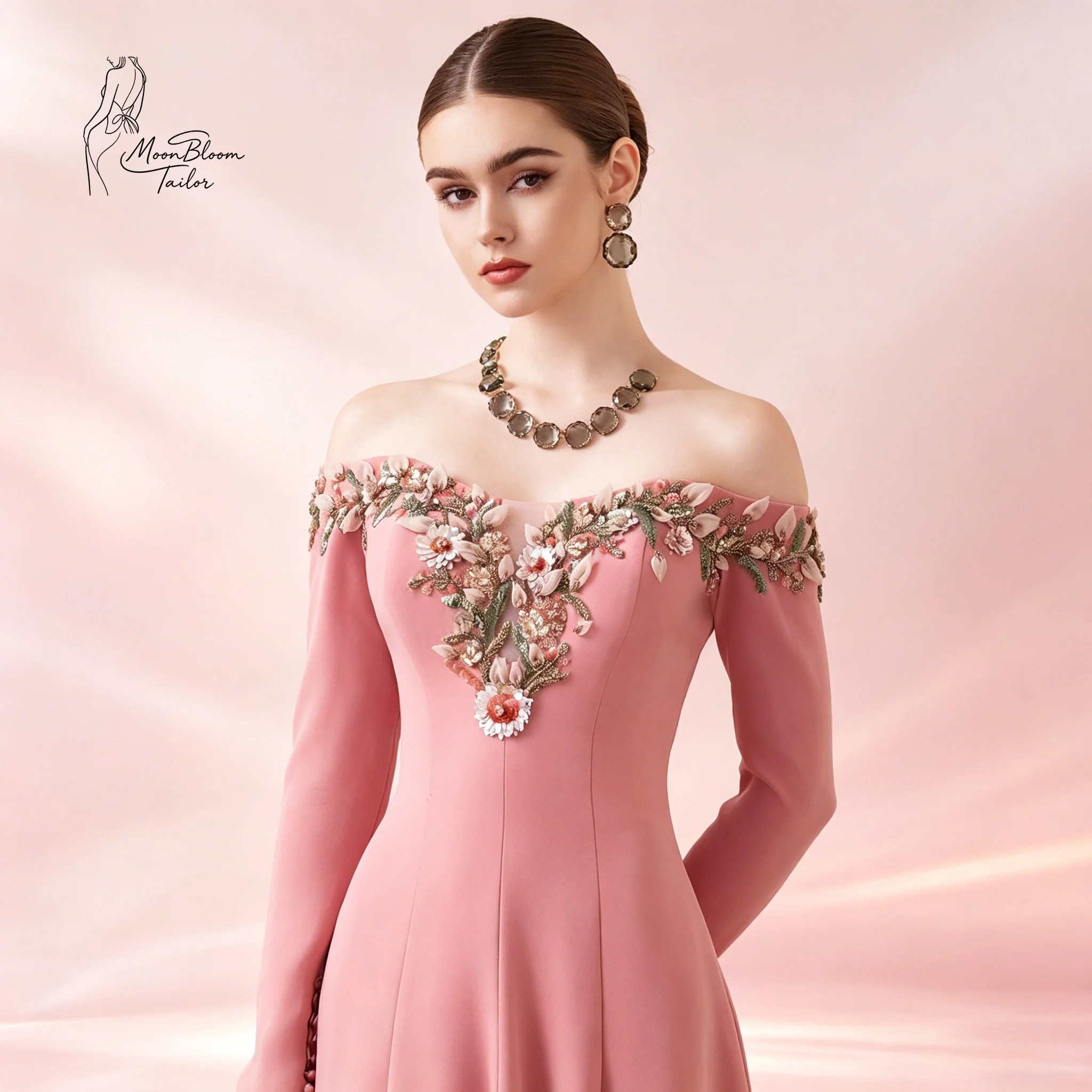 MoonBloom Tailor Blush Pink Off-Shoulder Floral Embroidered Satin A-Line Gown | Custom Evening/Prom/Wedding Guest Dress