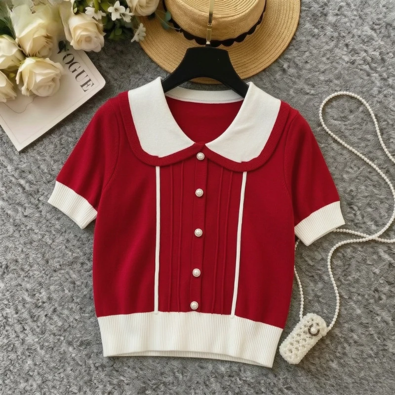 Peter Pan Collar Contrast Knit Tee Women Red White Short Sleeve Pearl Decor Button Soft Stretch Slim Daily Knit T Shirt Blouse