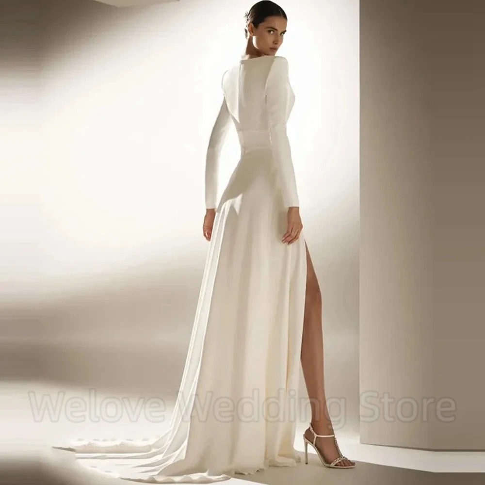 Gorgeous Deep V-Neck Long Sleeves Wedding Dress Classic Jersey A-Line Floor Length Side Slit Bridal Civil Gowns with Sweep Train